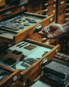 old artisan showing vintage and antique artifacts in wooden drawers